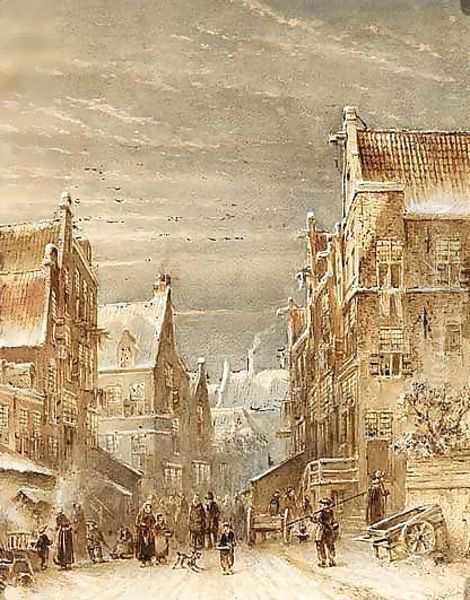 A Snowy Street In A Dutch Town Oil Painting by Pieter Gerard Vertin