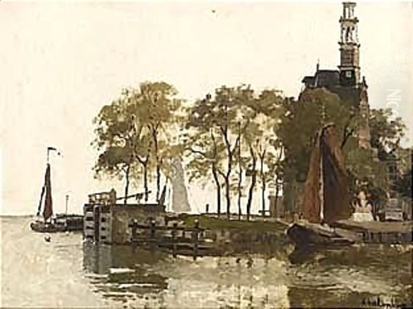 Moored Boats Near The Hoofdtoren, Hoorn Oil Painting by Johannes Christiaan Karel Klinkenberg