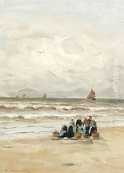 Fisherwomen On The Beach Oil Painting by Gerhard Arij Ludwig Morgenstje Munthe