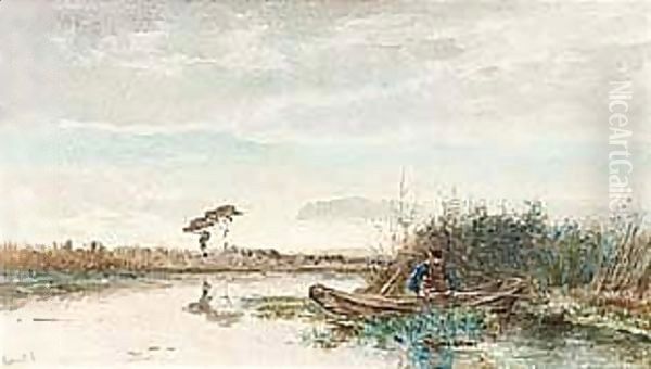 An Angler In A Polder Landscape 2 Oil Painting by Paul Joseph Constantine Gabriel