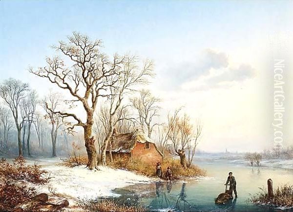 A Winter Landcape With Figures On A Frozen River Oil Painting by Paul Joseph Constantine Gabriel