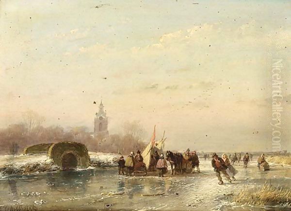 A Frozen Waterway With Skaters And A 'Koek En Zopie' Oil Painting by Andreas Schelfhout