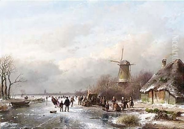 A Winter Landscape With Skaters Near A 'Koek En Zopie' Oil Painting by Andreas Schelfhout