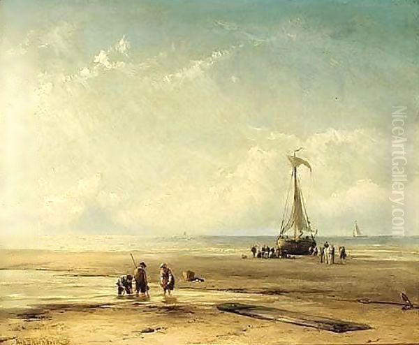 Figures By A Beached Bomschuit Oil Painting by Johannes Hermann Barend Koekkoek