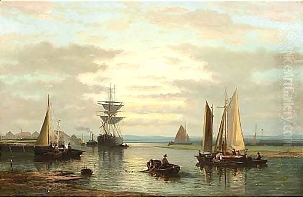 Sailing Vessels In A River Oil Painting by Abraham Hulk Jun.