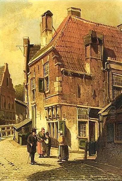 Villagers In The Streets Of A Dutch Town Oil Painting by Willem Koekkoek