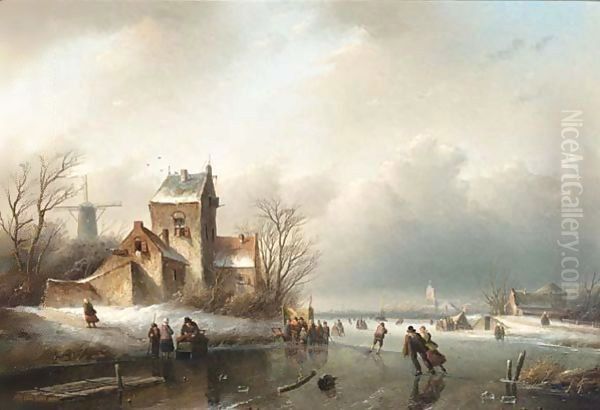 Skaters On A Frozen River, A 'Koek And Zopie' Beyond Oil Painting by Jan Jacob Coenraad Spohler