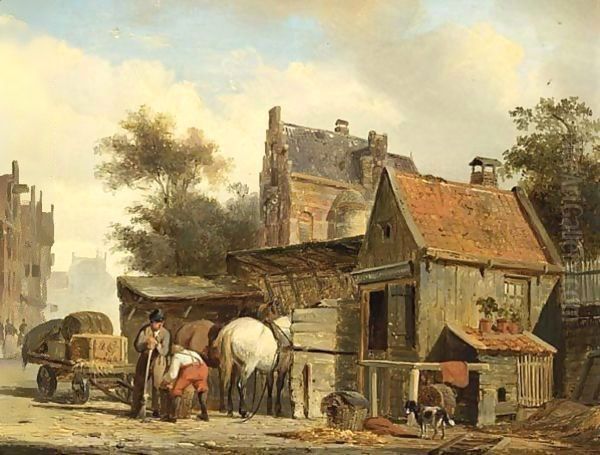 A Street Scene With A Blacksmith At Work Oil Painting by Cornelis Springer