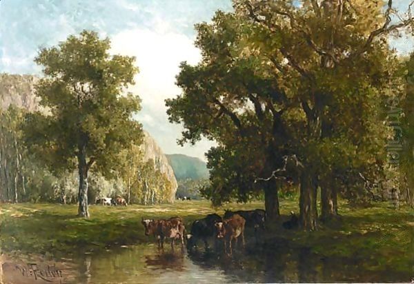 Watering Cows In The Ardennes Oil Painting by Willem Roelofs