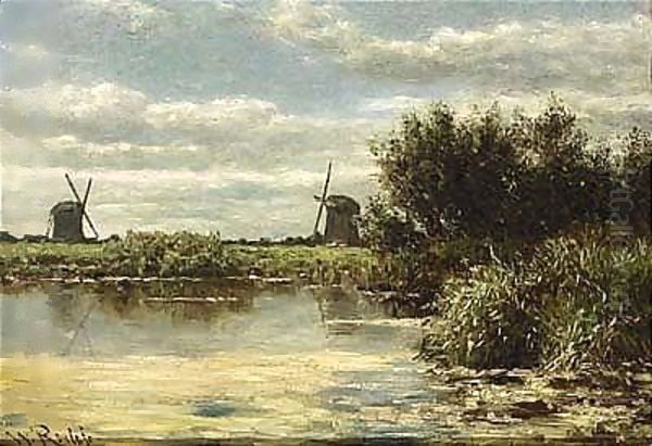 Windmills In A Polder Landscape 2 Oil Painting by Willem Roelofs