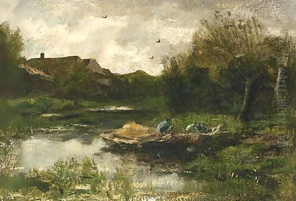 A Landscape With A Farmer In A Barge Oil Painting by Jacob Henricus Maris