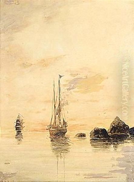 Sailing Boats At Sunset Oil Painting by Constantinos Volanakis