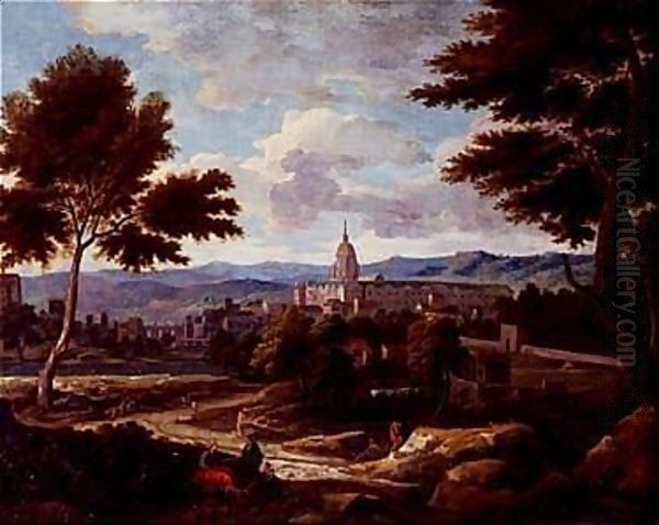 Southern landscape with figures and monastery in distance Oil Painting by Etienne Allegrain