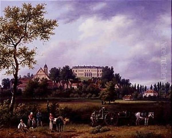 Landscape with peasants working in the fields with a town and a manor house Oil Painting by Guiseppe Canella