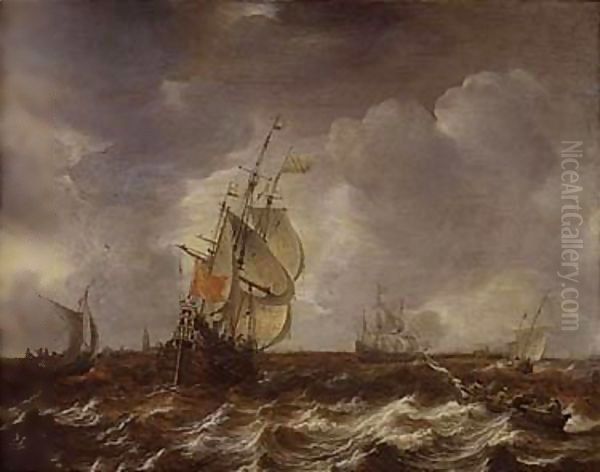 Warships and other small craft in an estuary Oil Painting by Jan Abrahamsz. Beerstraten