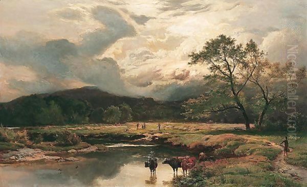 Figures And Cattle In A Mountain River Landscape Oil Painting by Sidney Richard Percy