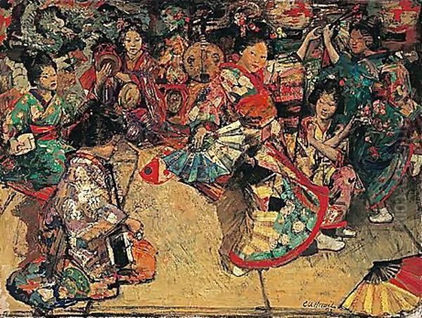 Japanese Dancing Girls Oil Painting by Edward Atkinson Hornel