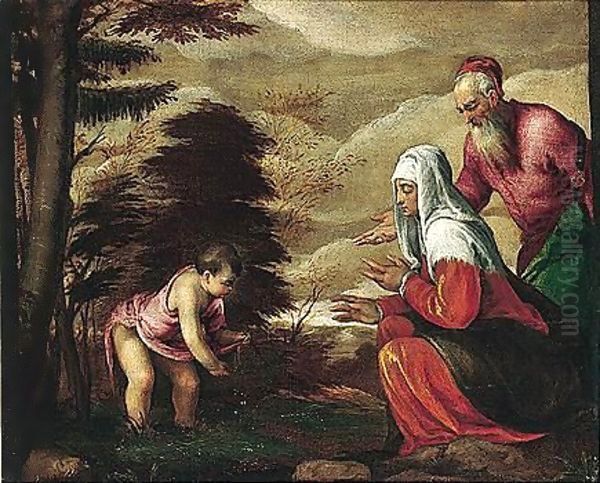 The Infant Saint John The Baptist Taking Leave Of His Parents Oil Painting by Jacopo Bassano (Jacopo da Ponte)