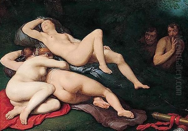 Diana Sleeping With Her Nymphs, Spied On By Satyrs Oil Painting by Cornelis Cornelisz Van Haarlem