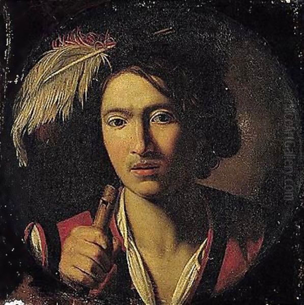 A Portrait Of A Young Man, Head And Shoulders, Wearing A Plumed Hat And Holding A Flute Oil Painting by Niccolo Renieri (see Regnier, Nicolas)