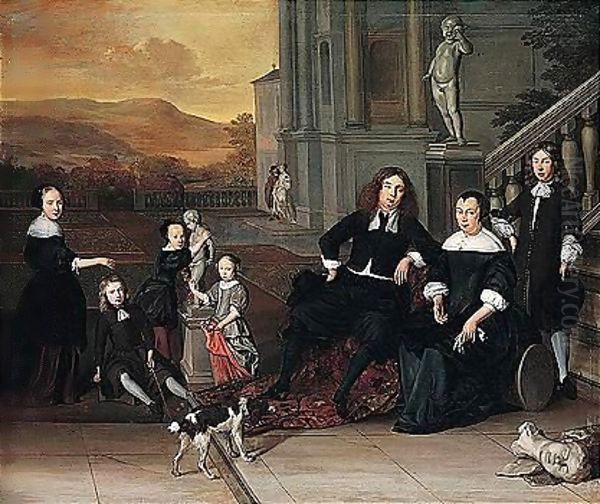 A Portrait Of A Family Group On A Terrace By An Elegant House, Possibly A Self-portrait With His Family Oil Painting by Eglon van der Neer