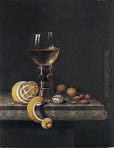 A Still Life Of A Roemer, Peeled Lemon, Walnuts And Hazelnuts Upon A Stone Ledge Oil Painting by Edwart Collier