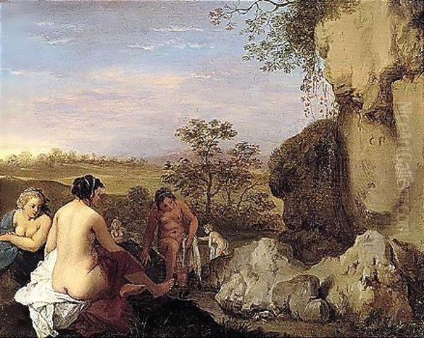 A Classical Landscape With Bathing Nymphs Oil Painting by Cornelis Van Poelenburgh