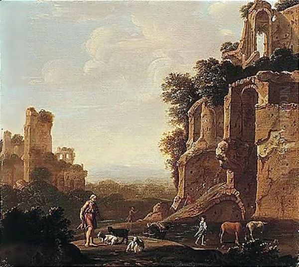 An Italianate Landscape With Herders And Animals Among Roman Ruins Oil Painting by Romeyn de Hooghe