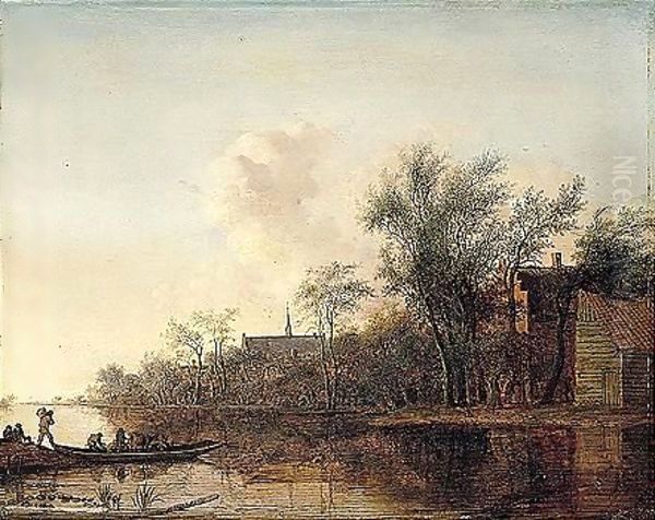 River Landscape With A Ferry Boat Near A Village Oil Painting by Anthony Jansz van der Croos