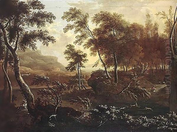 A Wooded Landscape With A Hunting Party At The Edge Of A River Oil Painting by Frederick De Moucheron