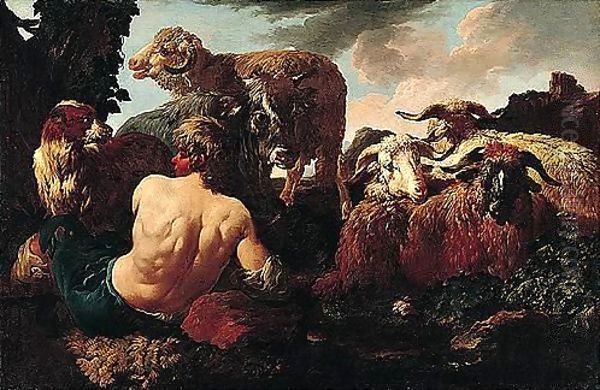 A Shepherd Resting With His Flock And A Cow Oil Painting by Philipp Peter Roos