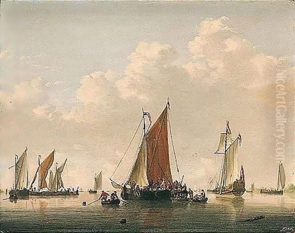 A Dutch Frigate And Light Shipping In A Calm, With Soldiers Boarding A Vessel Oil Painting by Jan van Os