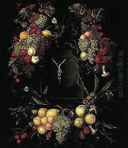 Still Life Of Garlands Of Fruit Encircling A Stone Niche, Within Which Stands A Crucifix Oil Painting by Jan Pauwel Gillemans The Elder