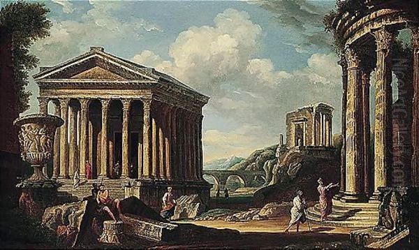 Capriccio of classical ruins, with the borghese vase, the maison carree at nimes, the pont du gard near Nimes Oil Painting by Giovanni Paolo Panini