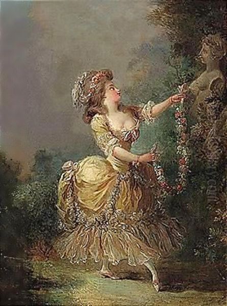 A Young Girl Adorning A Term Of Venus With A Garland Of Flowers Oil Painting by Jean-Frederic Schall