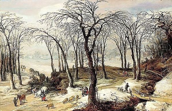 A winter landscape with an overturned horse-drawn cart, and figures driving a herd of pigs down a track Oil Painting by Joos De Momper