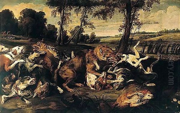 A River Landscape With Hounds Attacking Wolves, Huntsmen Emerging From A Wood Beyond Oil Painting by Frans Snyders