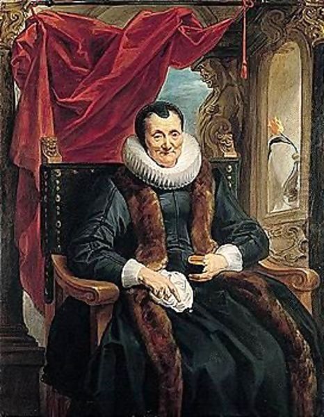 Portrait Of Magdalena De Cuyper, Seated Three-quarter Length In Black, With White Lace Cuffs And Ruff, And A Fur-trimmed Coat, Before An Opening Partly Concealed By A Draped Red Cloth Oil Painting by Jacob Jordaens