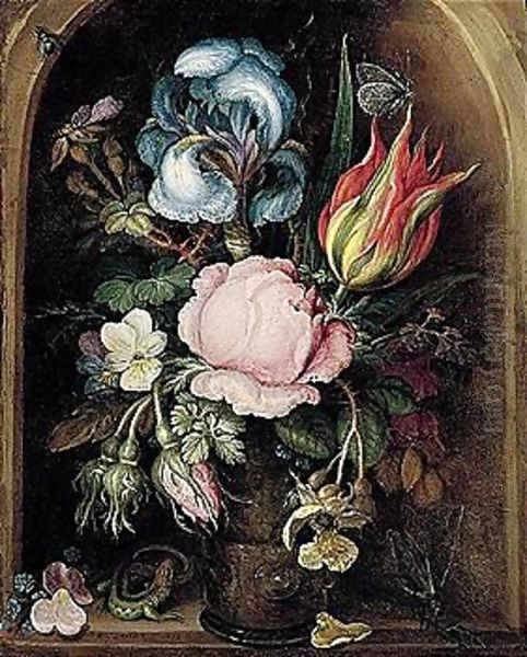 A Still Life Of An Iris, A Tulip, A Rose, Moss-roses And Other Flowers And Plants In A Glass Vase, Flanked By A Lizard And A Dragonfly, All Within A Stone Niche Oil Painting by Roelandt Jacobsz Savery