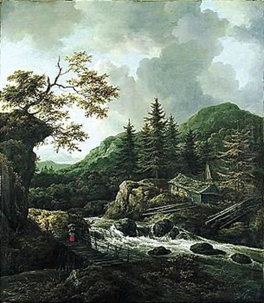 A Torrent In A Scandinavian Wooded Landscape With A Peasant Crossing A Wooden Bridge And Cottages On The Far Bank Of The River Oil Painting by Jacob Van Ruisdael