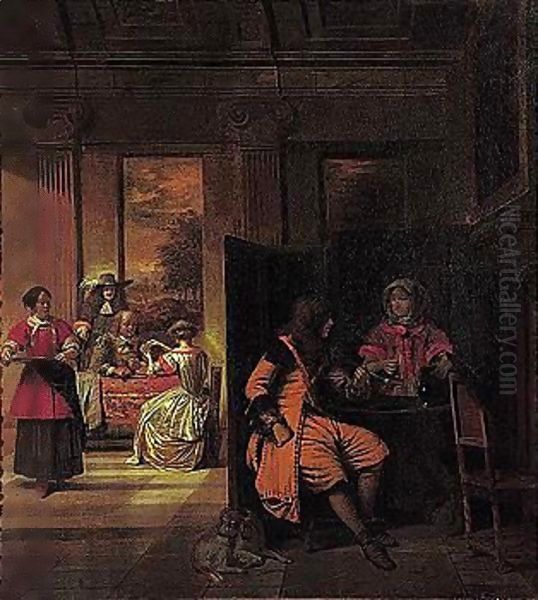 A Man And A Serving Woman Behind A Screen, With Card Players Beyond Oil Painting by Pieter De Hooch