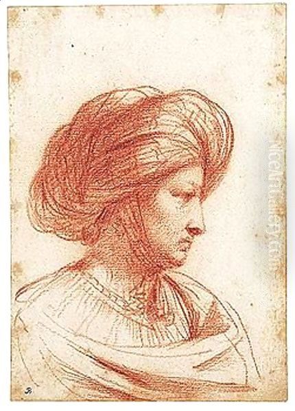 The Head Of A Woman Wearing A Turban Seen In Profile Oil Painting by Giovanni Francesco Barbieri