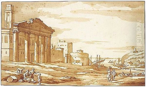 Capriccio With Peasants By Roman Ruins And Other Buildings, A Mediterranean Harbour Behind Oil Painting by Jacob Van Der Ulft