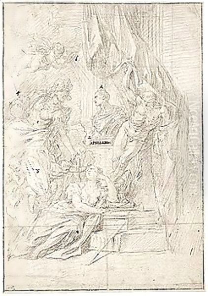 Design For A Frontispiece, With Minerva, Putti Holding A Shield, Fame And Time Around A Bust, And A Putto Above Holding A Circular Glass Marked With A Cross Which Directs Beams Of Light Onto The Bust Oil Painting by Sebastiano Ricci