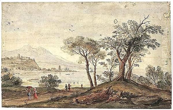 Landscape With Trees And Figures Near A Coastline, The Buildings Of A Small City And A Port In The Background Oil Painting by Caspar Andriaans Van Wittel