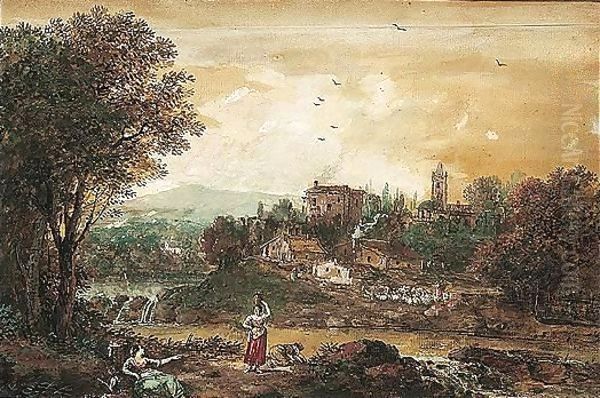 Women Washing Clothes In A River, Their Village On The Opposite Bank Oil Painting by Francesco Zuccarelli