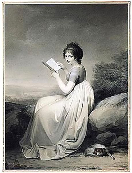 An Elegant Woman Seated In A Landscape, Glancing Up From A Book, Her Dog Curled At Her Feet Oil Painting by Louis Leopold Boilly