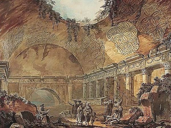 Figures In A Ruined Temple Oil Painting by Charles-Louis Clerisseau