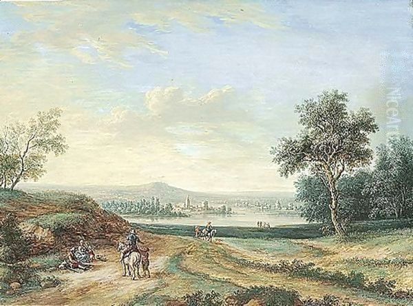 A Panoramic Landscape, With A Town On A River In The Middle Distance And Peasants In The Foreground Oil Painting by Louis Nicolael van Blarenberghe