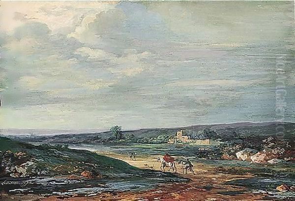 Landscape With A Horseman And A Beggar In The Foreground Oil Painting by Louis-Gabriel Moreau the Elder